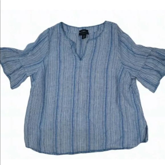 Tahari 0 Linen Shirt Blue White Striped 